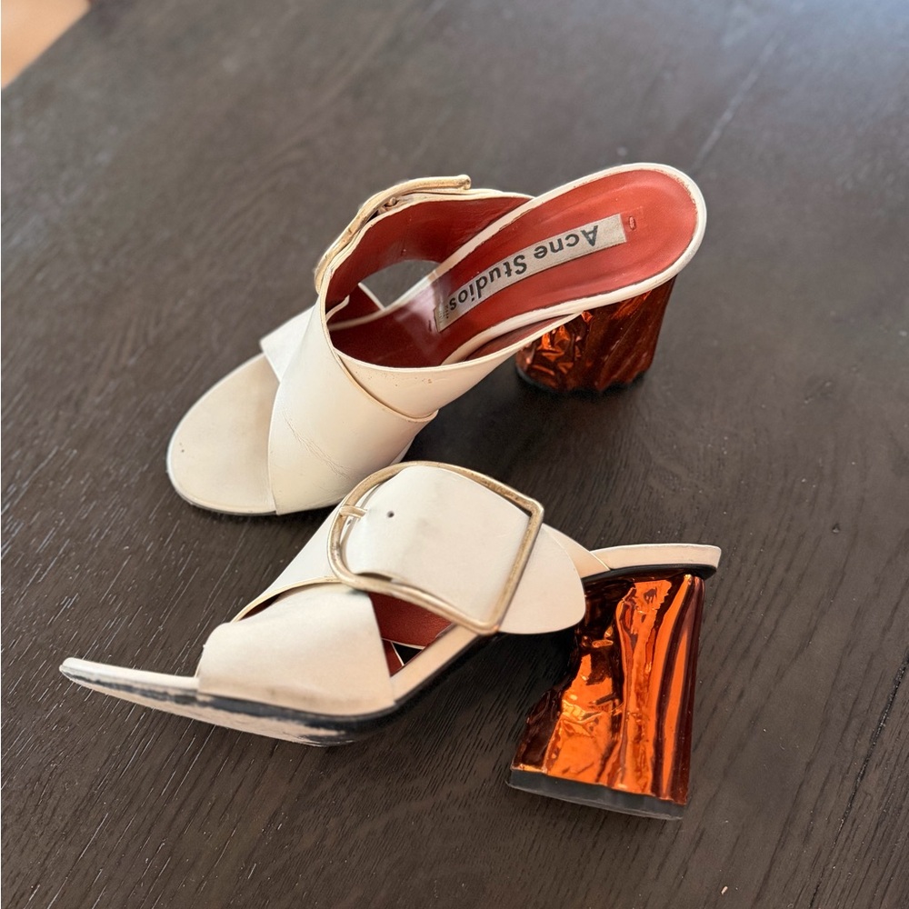 Acne Studios White Leather Mules with Metallic Orange Block Heel